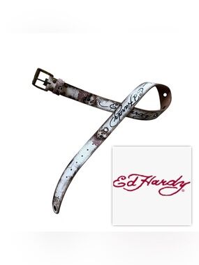 NWT VINTAGE ED HARDY Women Large genuine Leather Belt flower skull